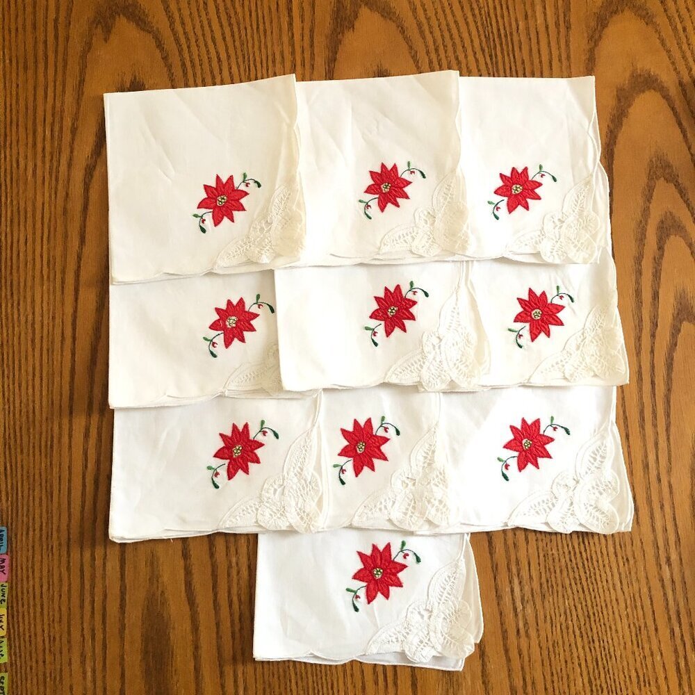 Christmas White Napkins With Red Poinsettia Embroidery Set of 10